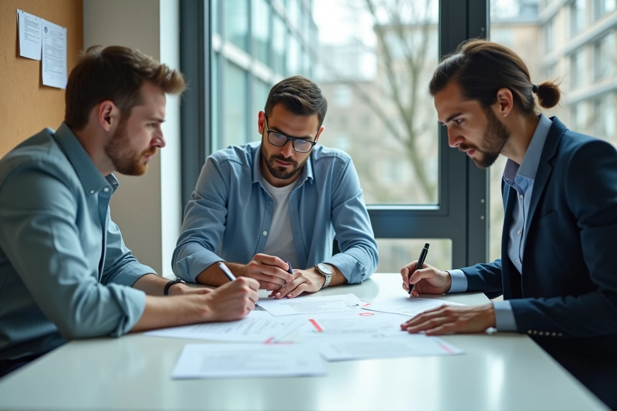 Groupe de trois collègues discutant autour d