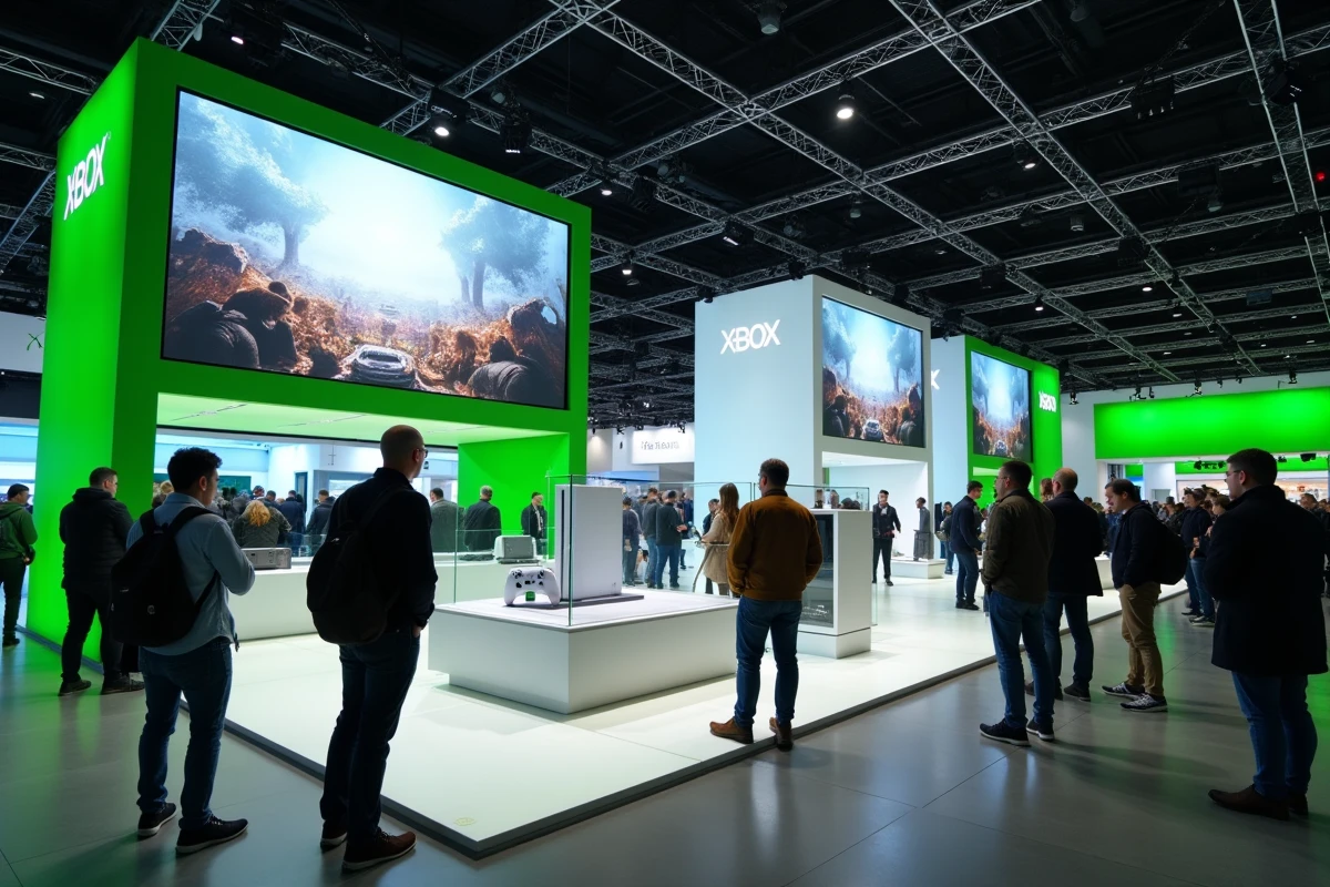 Stand Xbox dans un salon high-tech avec prototypes de consoles nouvelle génération exposés sous verre et visiteurs adultes enthousiastes
