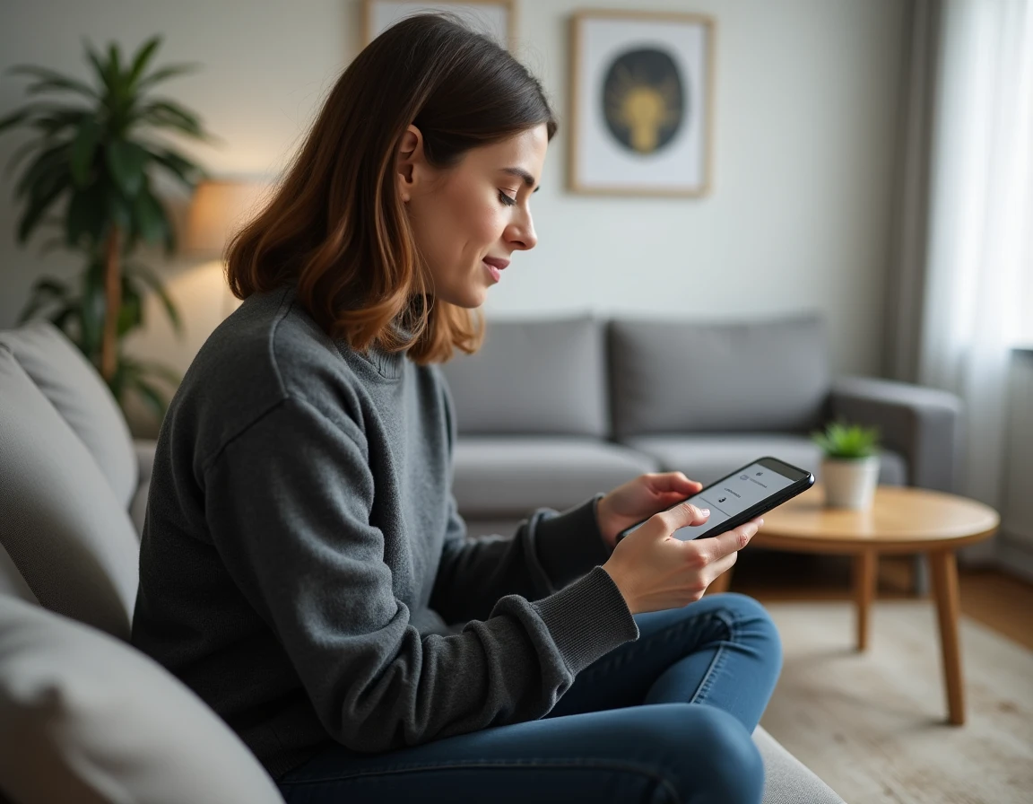 Personne consultant les paramètres de sécurité biométrique d'un compte sur smartphone dans un appartement moderne