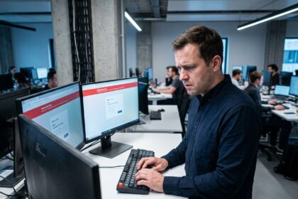 Professionnel de la sécurité informatique inquiet face aux alertes d'authentification Microsoft 365 sur un double écran en bureau open space