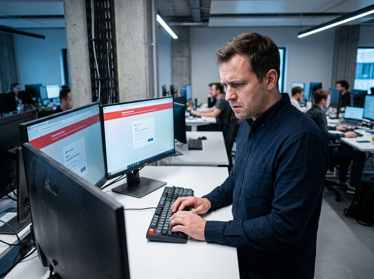 Professionnel de la sécurité informatique inquiet face aux alertes d'authentification Microsoft 365 sur un double écran en bureau open space