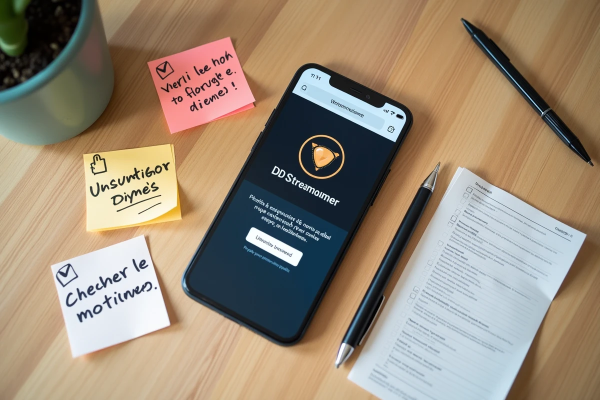 Vue aérienne d'un smartphone affichant un faux site de streaming avec des notes manuscrites pour repérer les arnaques en ligne