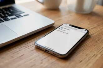 Smartphone posé sur un bureau avec une boîte mail vide à l'écran
