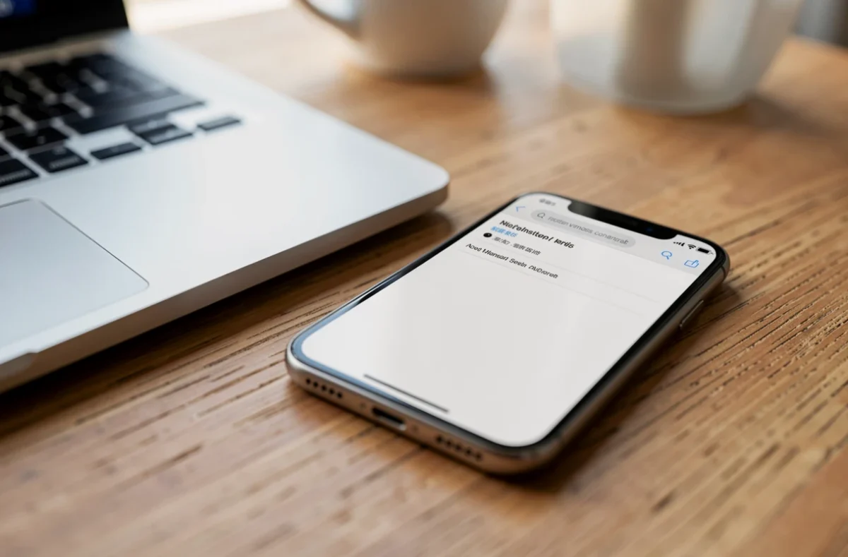 Smartphone posé sur un bureau avec une boîte mail vide à l'écran