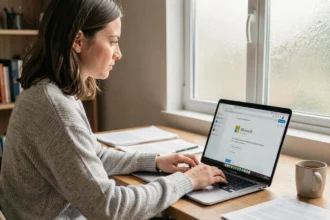 Femme supprimant son compte Microsoft sur un ordinateur portable dans un bureau à domicile