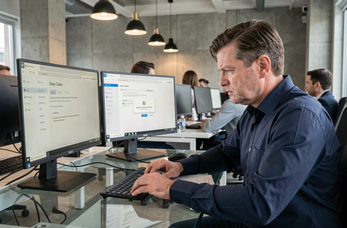 Homme consultant les étapes de suppression de compte Microsoft sur deux écrans en open space