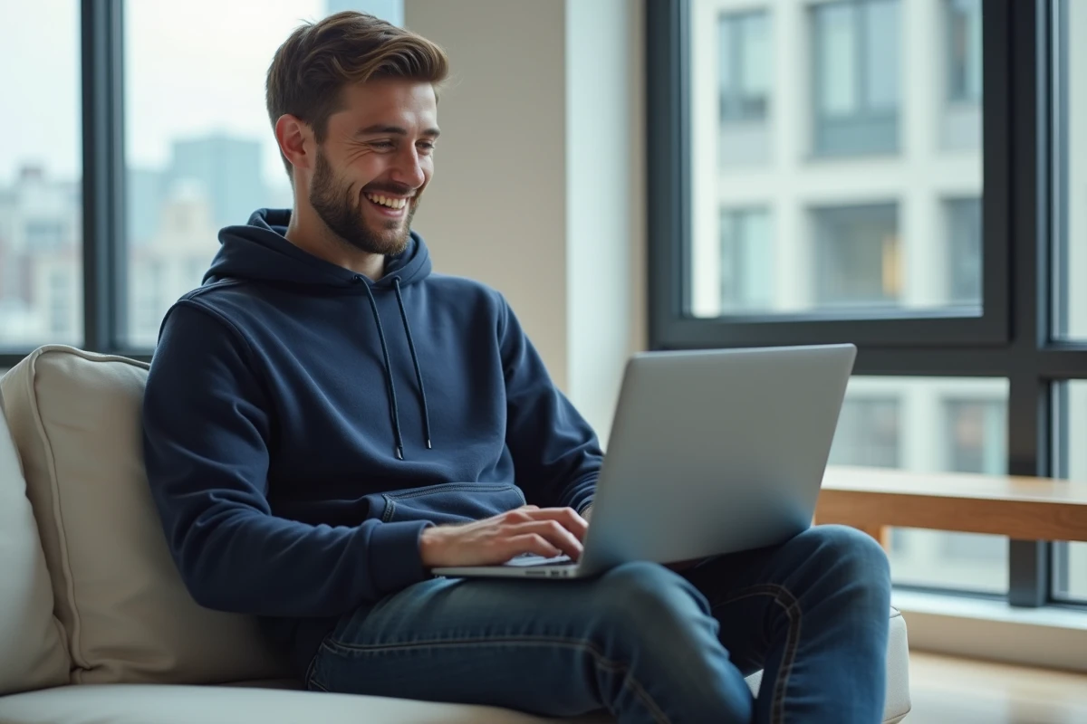Jeune homme satisfait devant un système d'exploitation optimisé sur son ordinateur portable dans un salon moderne