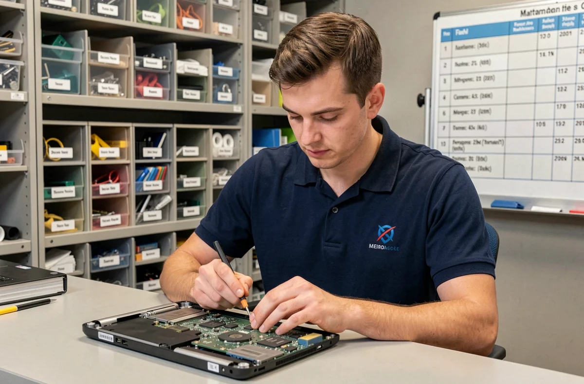 Technicien de Taktik Informatique examinant une carte mère d'ordinateur portable dans un bureau de maintenance informatique professionnel dans le Calvados