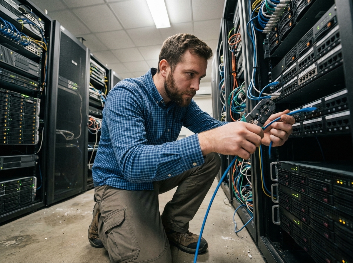 Technicien informatique installant des câbles réseau dans une salle serveur d'entreprise