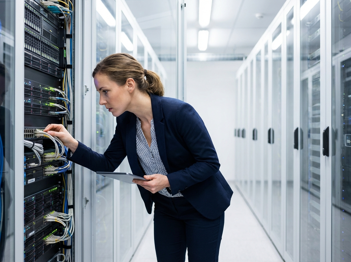 Jeune femme technicienne en informatique inspectant un serveur dans un centre de données