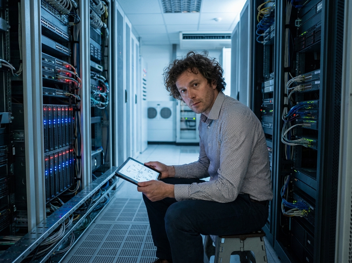 Technicien IT de PME dans une salle serveurs évaluant l'infrastructure réseau sur une tablette entouré de baies de serveurs