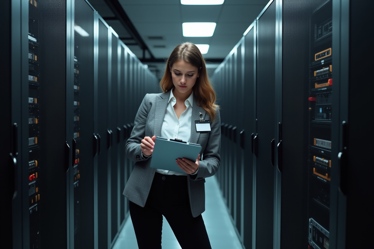Jeune femme vérifiant un rack de serveurs dans une salle informatique