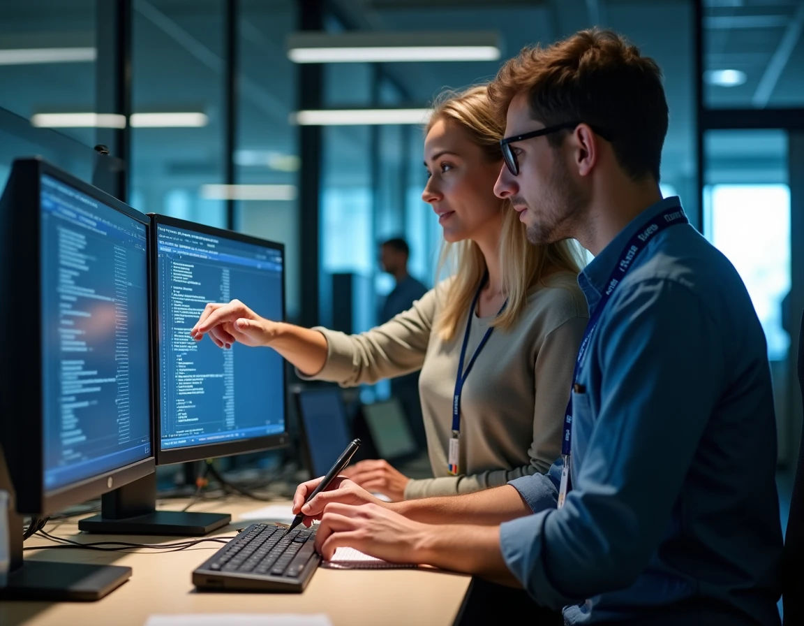 Deux techniciens informatiques universitaires configurant ensemble les paramètres du serveur Zimbra avant la rentrée 2026