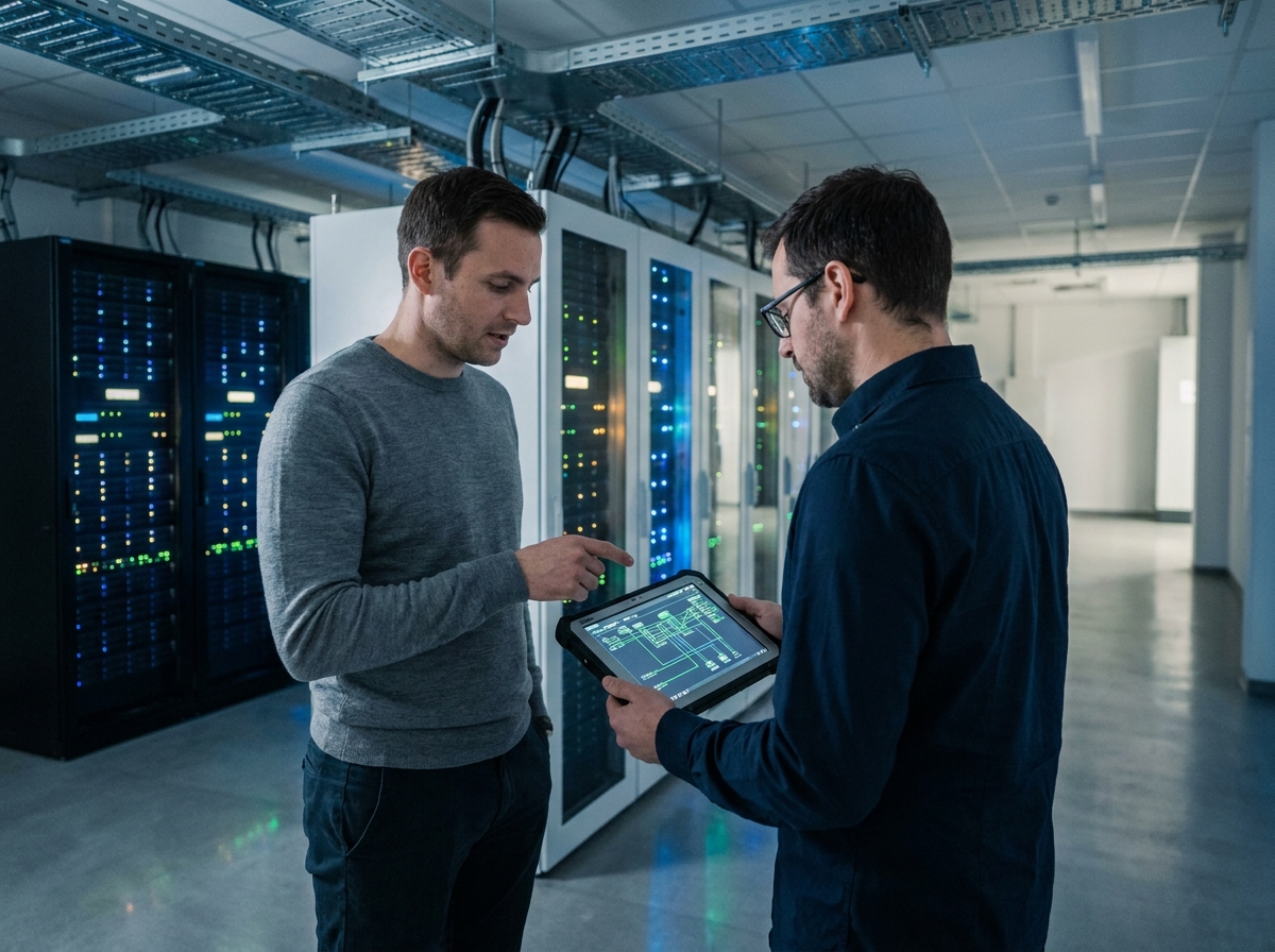 Deux techniciens IT discutant d'une infrastructure réseau dans une salle de serveurs pour le secteur financier réglementé