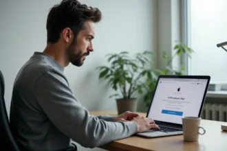 Homme téléchargeant une image ISO macOS officielle sur son MacBook Pro dans un bureau à domicile épuré