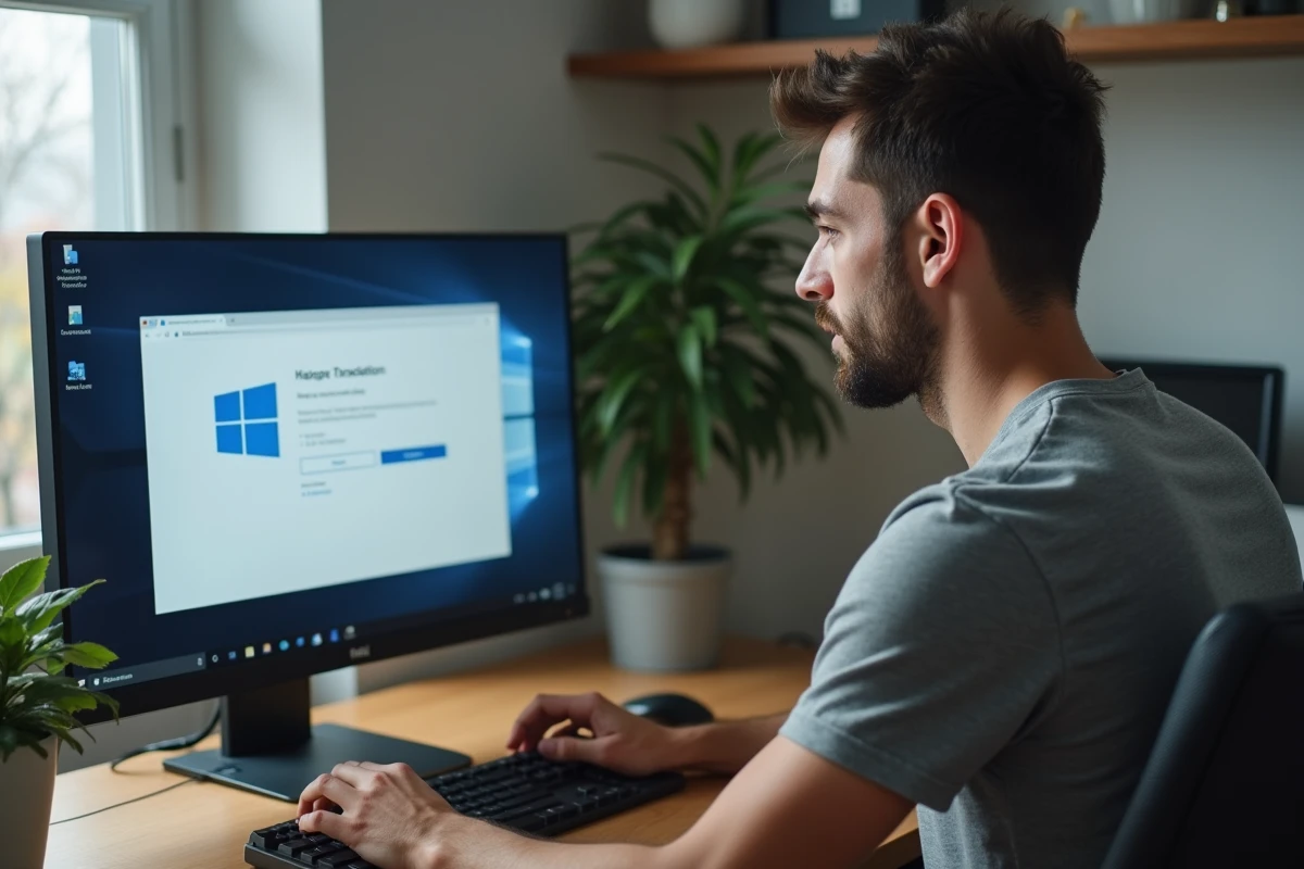 Homme téléchargeant Win rare 64 en toute sécurité sur son ordinateur de bureau à domicile