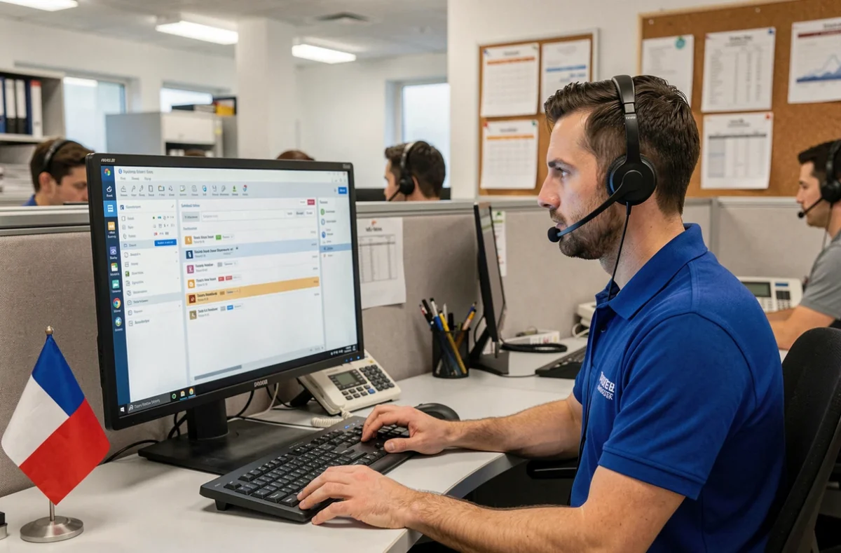 Technicien support de Time France Informatique gérant des tickets de maintenance à distance depuis un centre de support informatique dans le Calvados