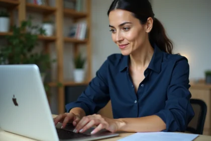 Femme examinant de près les touches d'un clavier Dell sur un bureau moderne à domicile