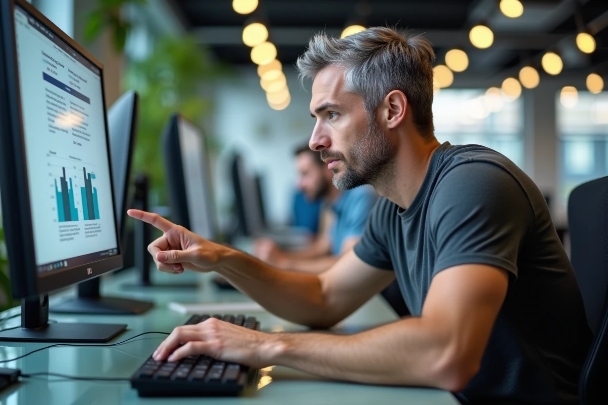 Homme pointant une touche spécifique sur un clavier Dell dans un environnement de bureau professionnel
