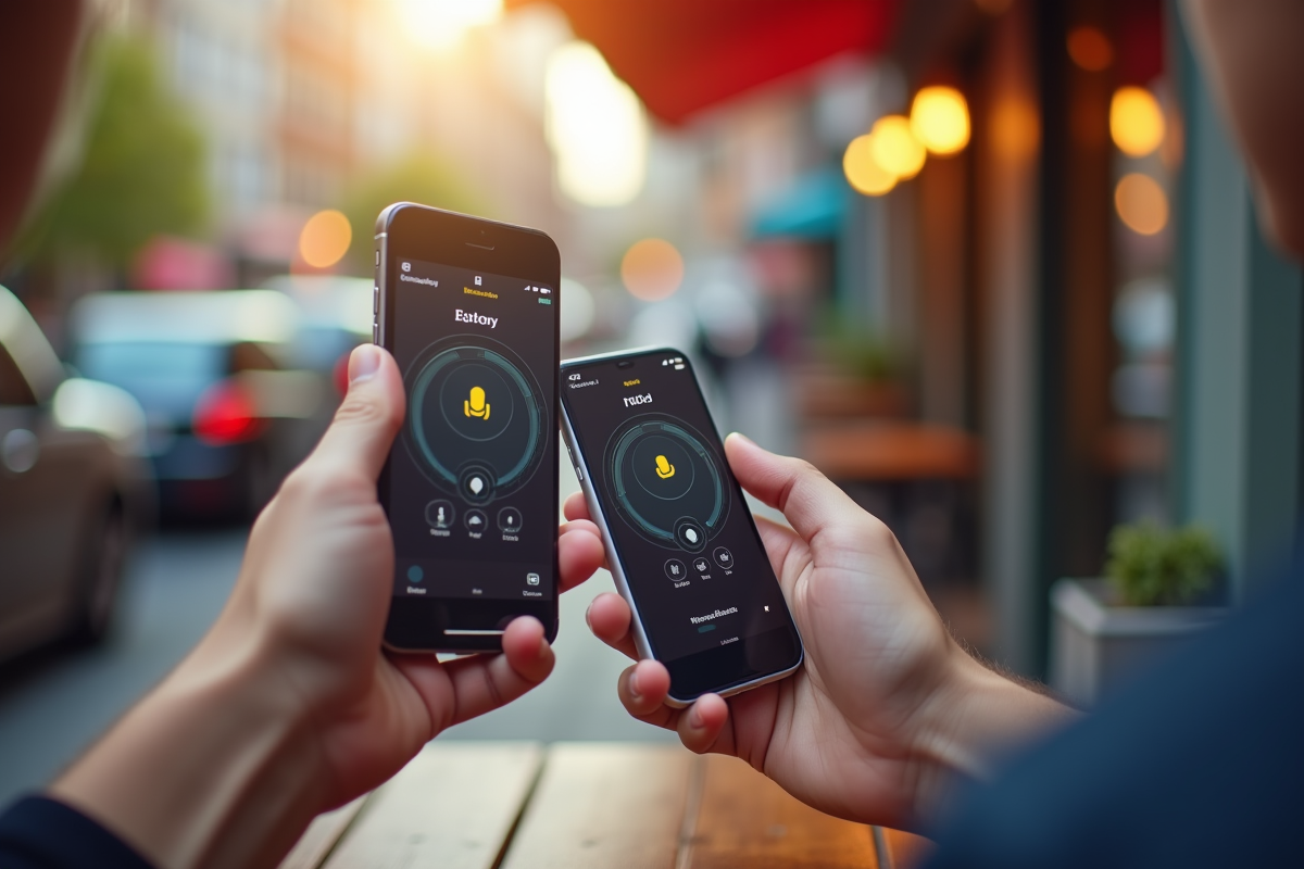 Deux mains tenant smartphone avec assistant vocal en plein air