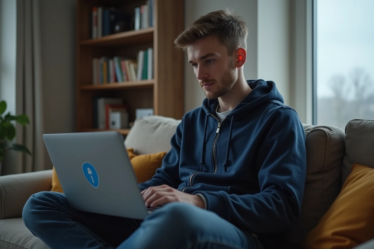 Jeune homme utilisant un VPN sur son ordinateur pour limiter le traçage en ligne depuis chez lui