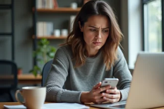 Femme consultant des avis utilisateurs sur une application mobile, assise à un bureau moderne en 2026