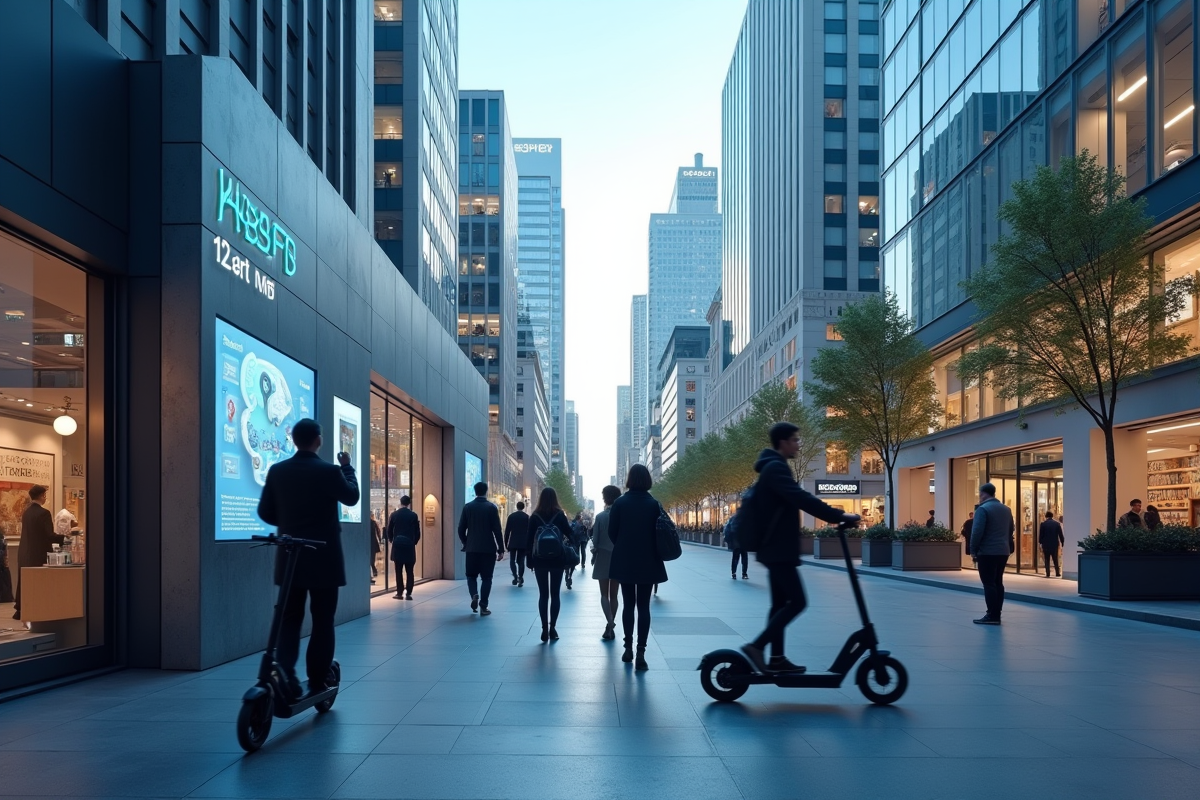Rue animée avec personnes utilisant des technologies connectées