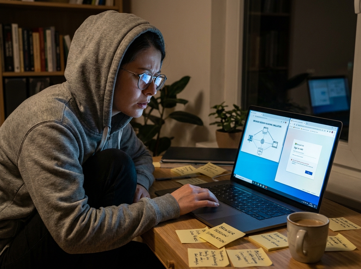 Femme experte en cybersécurité analysant une simulation de vol de session navigateur sur son ordinateur portable depuis son bureau à domicile la nuit