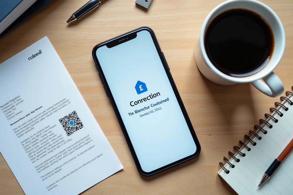 Vue aérienne d'un bureau avec smartphone affichant SwissTransfer, clé USB et documents imprimés