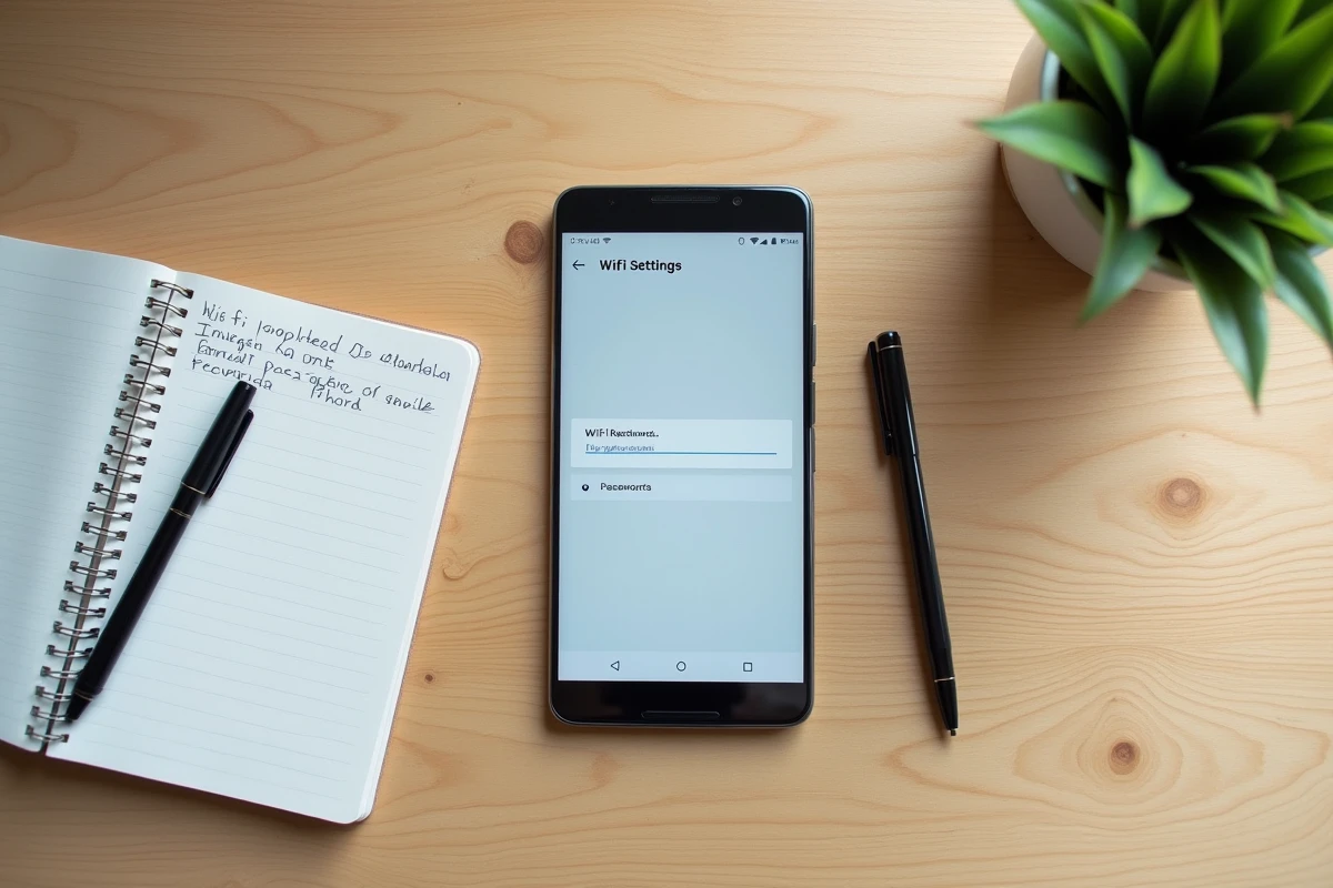 Vue aérienne d'un smartphone Android affichant les paramètres de clé de sécurité réseau Wi-Fi sur une table en bois