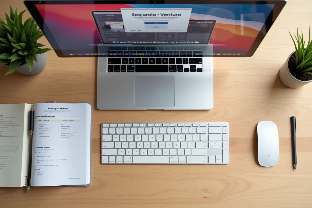 Vue aérienne d'un bureau minimaliste avec un MacBook affichant la page de téléchargement officielle de macOS sur le Mac App Store