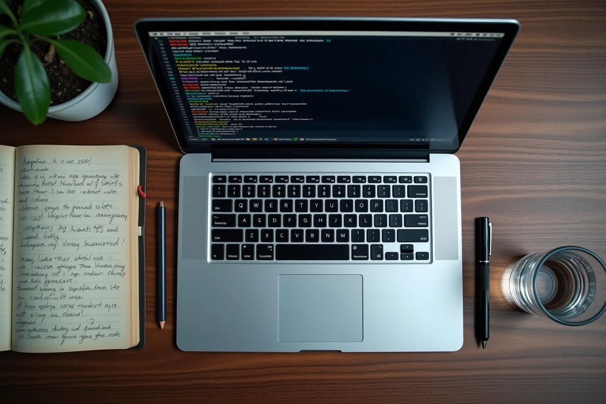 Vue aérienne d'un bureau de développeur avec terminal Python affichant des commandes pip de retour en arrière