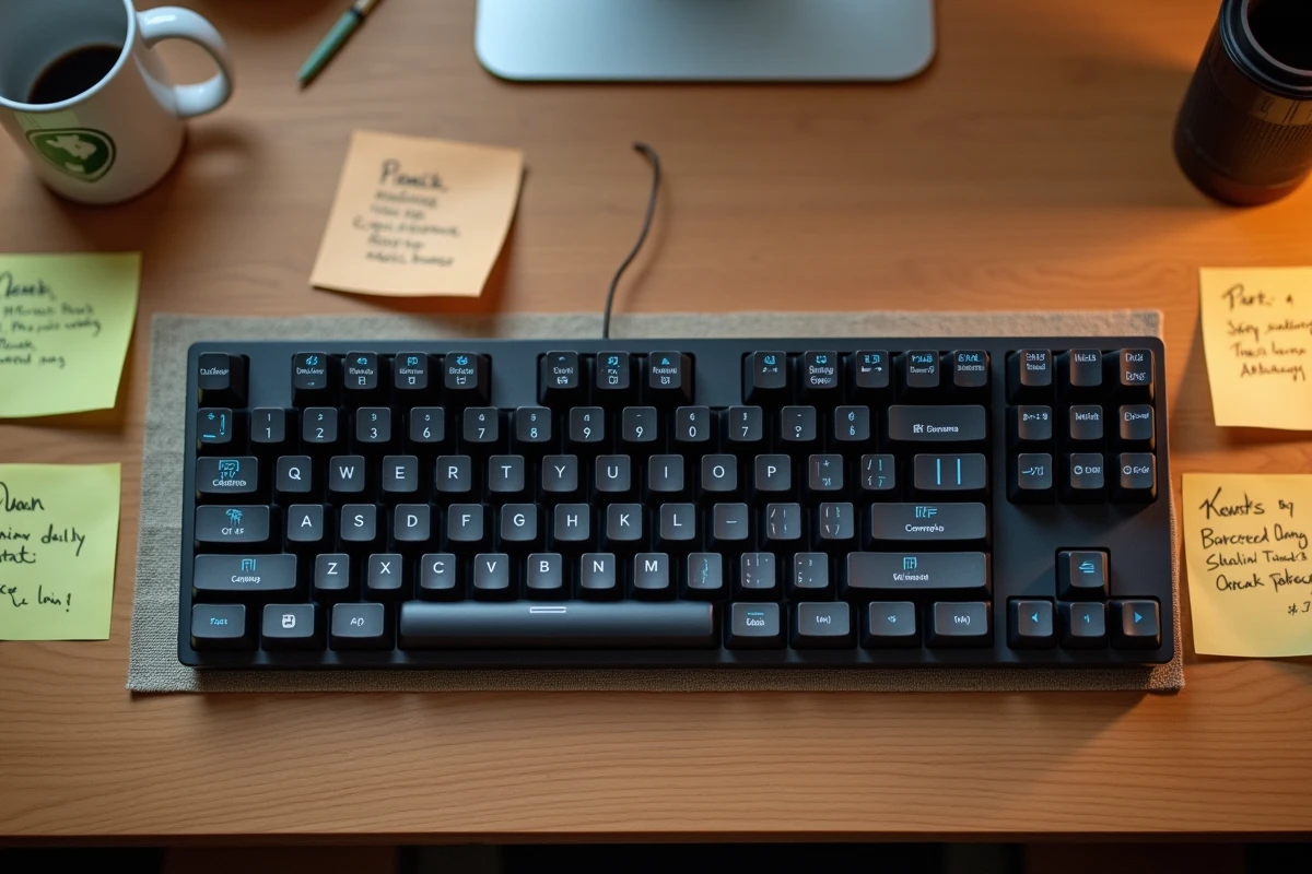 Vue du dessus d'un clavier Dell avec touches et abréviations visibles sur un bureau en bois